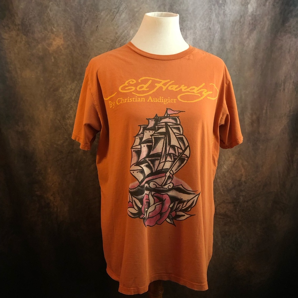 Ed Hardy Orange Short-Sleeve Tee with Ship & Rose Graphic
